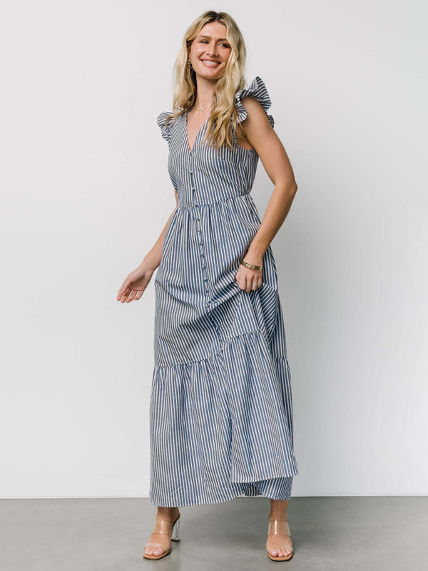 Women's Stripe Printed Holiday Bohemian V-Neck Shirt Dress-TOPS / DRESSES-[Adult]-[Female]-Blue-S-2022 Online Blue Zone Planet