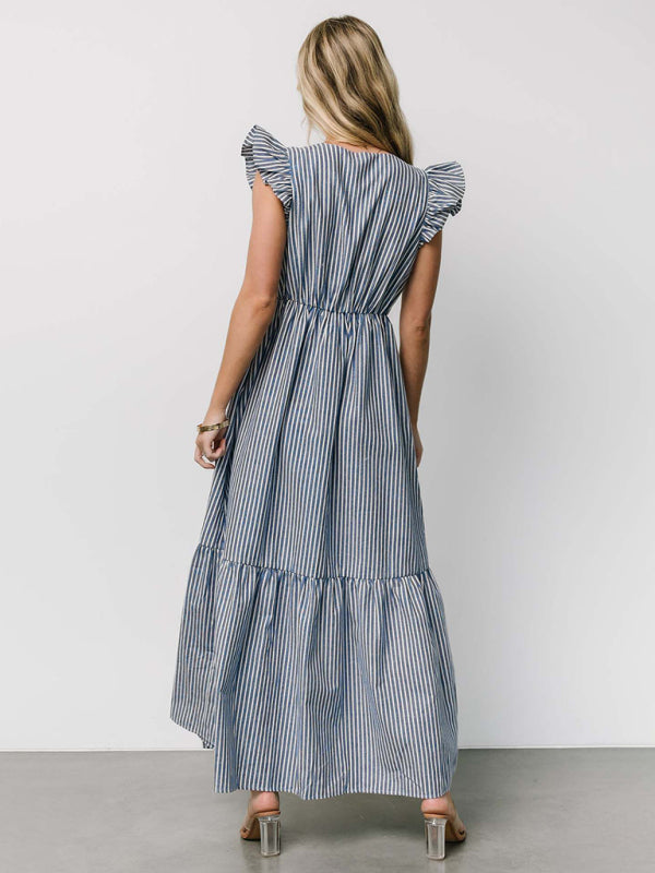 Women's Stripe Printed Holiday Bohemian V-Neck Shirt Dress-TOPS / DRESSES-[Adult]-[Female]-2022 Online Blue Zone Planet