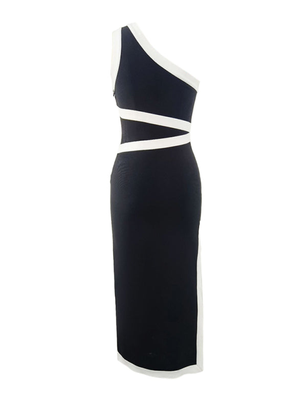 One-shoulder colorblock maxi dress with waist bandage dress for party banquet-TOPS / DRESSES-[Adult]-[Female]-2022 Online Blue Zone Planet