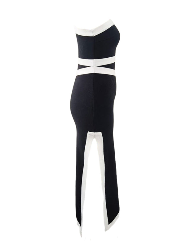One-shoulder colorblock maxi dress with waist bandage dress for party banquet-TOPS / DRESSES-[Adult]-[Female]-2022 Online Blue Zone Planet