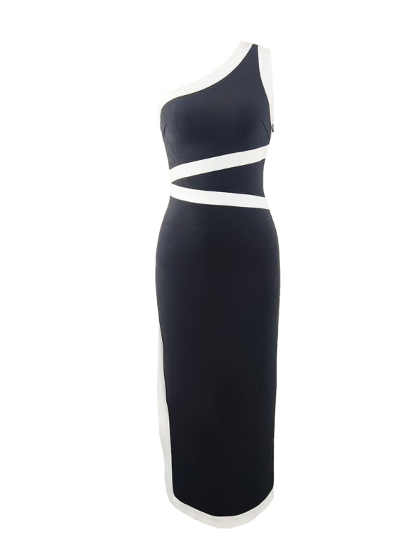 One-shoulder colorblock maxi dress with waist bandage dress for party banquet-TOPS / DRESSES-[Adult]-[Female]-2022 Online Blue Zone Planet