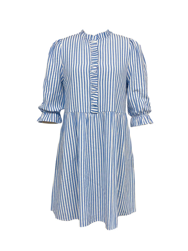 Puff Sleeve Stand Collar Striped Dress-TOPS / DRESSES-[Adult]-[Female]-2022 Online Blue Zone Planet