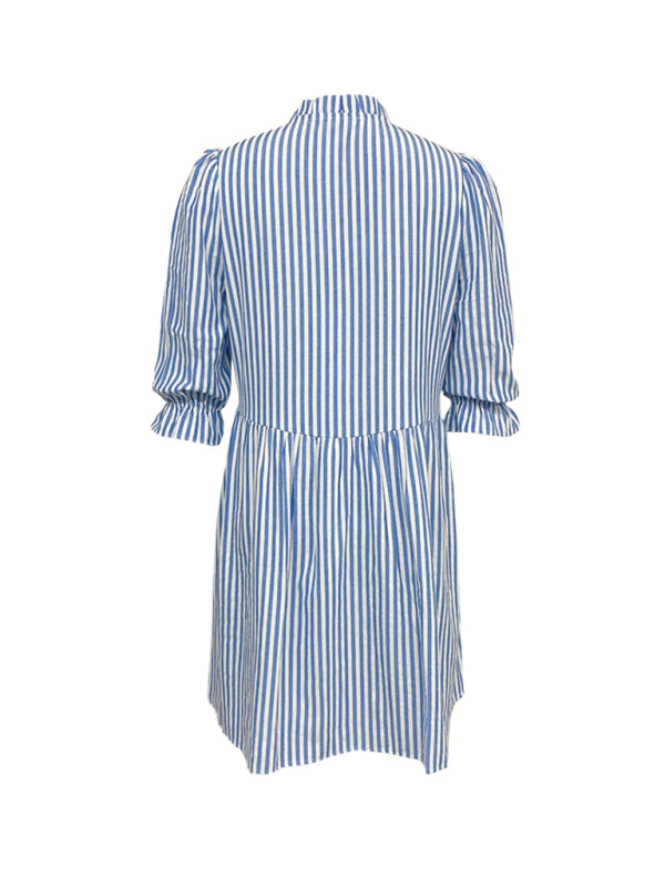 Puff Sleeve Stand Collar Striped Dress-TOPS / DRESSES-[Adult]-[Female]-2022 Online Blue Zone Planet