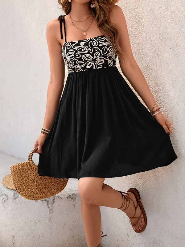 Floral patchwork sleeveless casual suspender dress-TOPS / DRESSES-[Adult]-[Female]-Black-S-2022 Online Blue Zone Planet