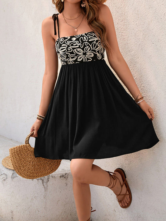 Floral patchwork sleeveless casual suspender dress-TOPS / DRESSES-[Adult]-[Female]-Black-S-2022 Online Blue Zone Planet