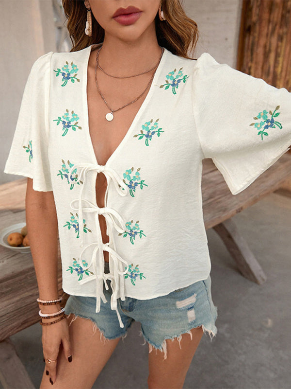 Mila's Bow Tie Shirt Embroidered Cardigan Top-TOPS / DRESSES-[Adult]-[Female]-Cracker khaki-S-2022 Online Blue Zone Planet