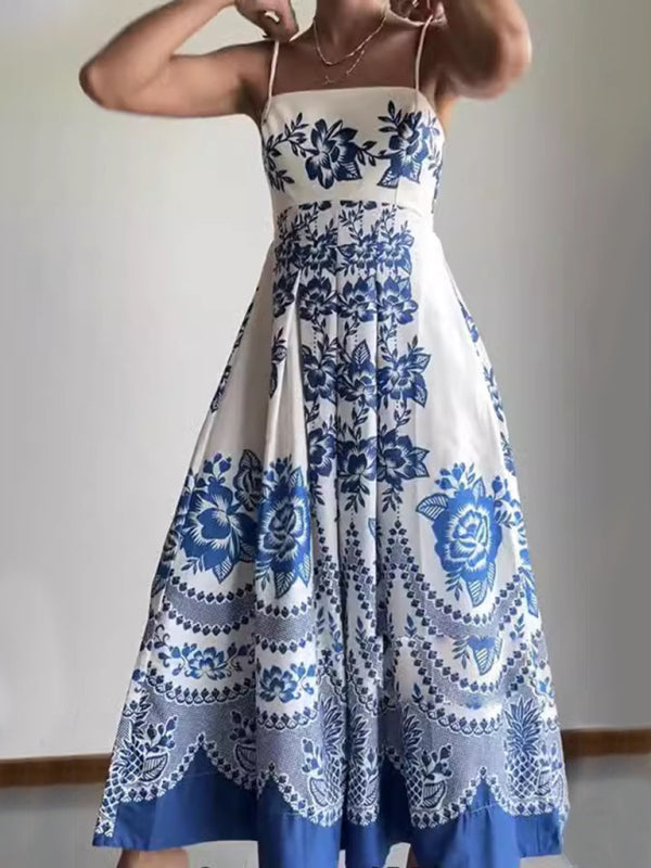 New style ethnic style symmetrical printed dress with suspenders-TOPS / DRESSES-[Adult]-[Female]-Blue-S-2022 Online Blue Zone Planet