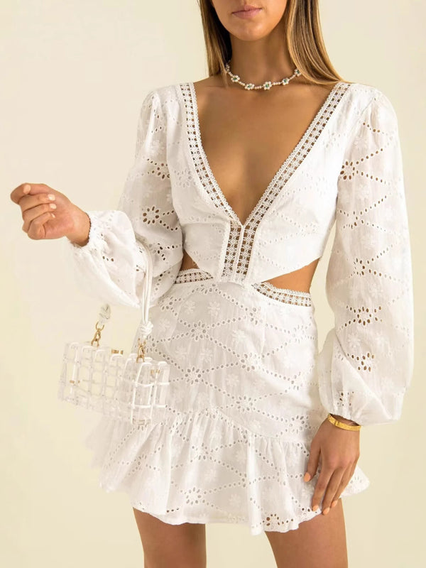 V-neck lace waist open dress-TOPS / DRESSES-[Adult]-[Female]-White-S-2022 Online Blue Zone Planet