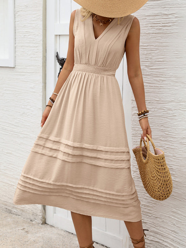 Solid color sleeveless V-neck elastic waist dress-TOPS / DRESSES-[Adult]-[Female]-2022 Online Blue Zone Planet