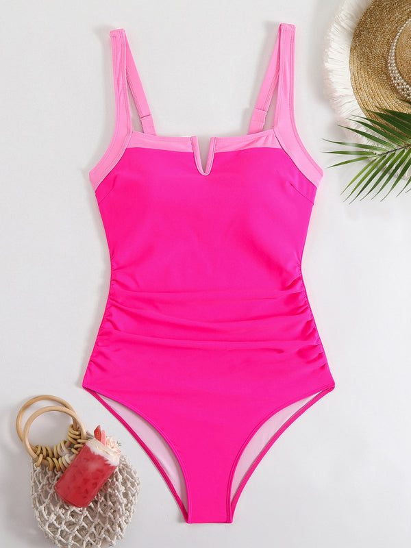 Contrast Color One-Piece Swimsuit Sexy Bikini-[Adult]-[Female]-2022 Online Blue Zone Planet