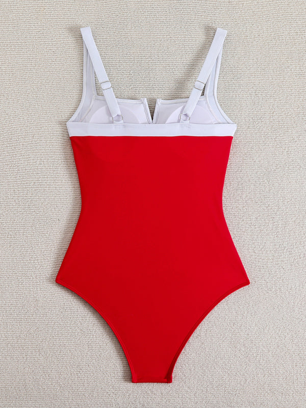 Contrast Color One-Piece Swimsuit Sexy Bikini-[Adult]-[Female]-2022 Online Blue Zone Planet