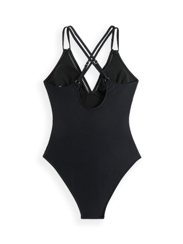 New Solid Color Sling Hollow One-Piece Swimsuit-[Adult]-[Female]-2022 Online Blue Zone Planet