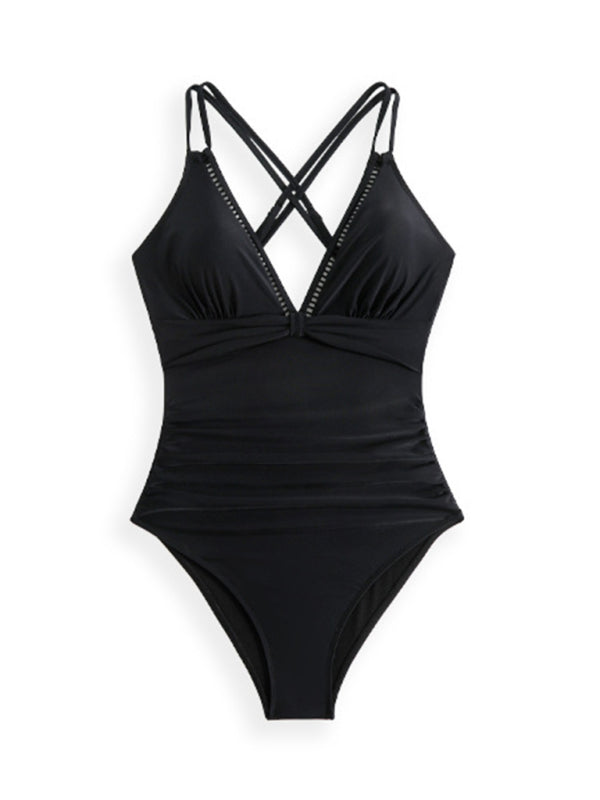 New Solid Color Sling Hollow One-Piece Swimsuit-[Adult]-[Female]-2022 Online Blue Zone Planet