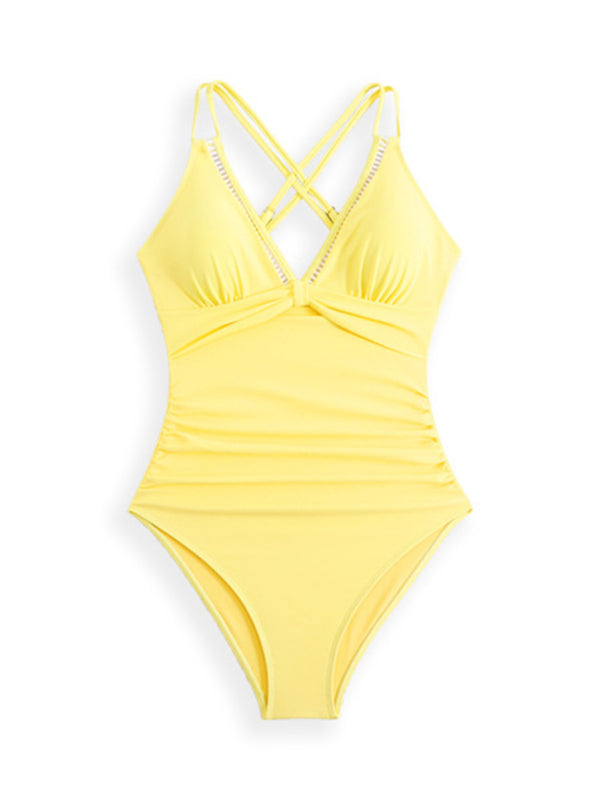 New Solid Color Sling Hollow One-Piece Swimsuit-[Adult]-[Female]-2022 Online Blue Zone Planet