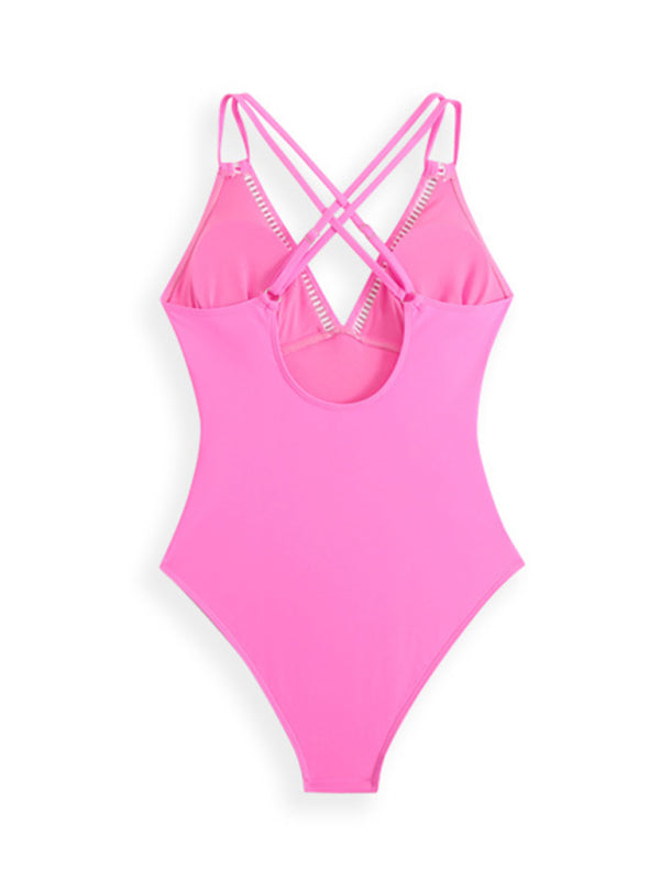 New Solid Color Sling Hollow One-Piece Swimsuit-[Adult]-[Female]-2022 Online Blue Zone Planet
