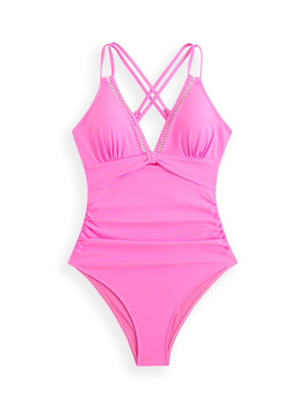 New Solid Color Sling Hollow One-Piece Swimsuit-[Adult]-[Female]-2022 Online Blue Zone Planet