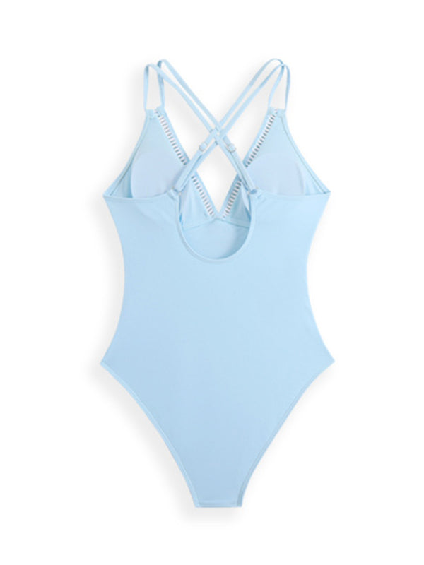 New Solid Color Sling Hollow One-Piece Swimsuit-[Adult]-[Female]-2022 Online Blue Zone Planet