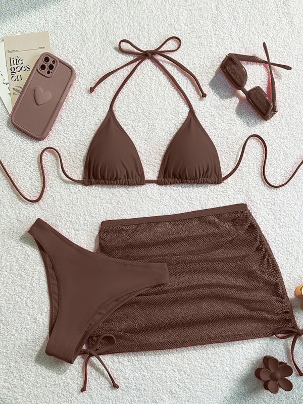 Sexy Backless Solid Color Bikini Three Piece Set-[Adult]-[Female]-2022 Online Blue Zone Planet