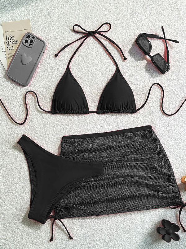 Sexy Backless Solid Color Bikini Three Piece Set-[Adult]-[Female]-2022 Online Blue Zone Planet