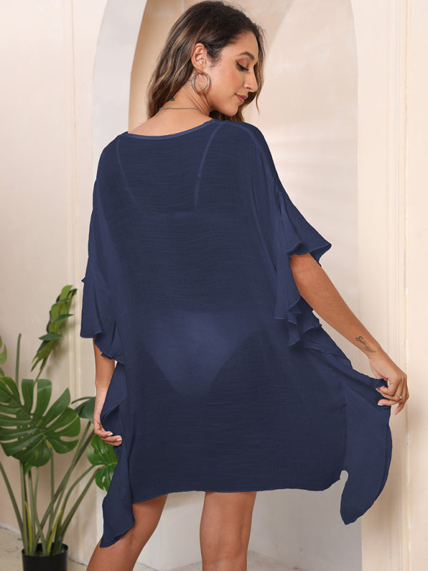 Women's Ruffle Solid Color Simple Loose Beach Bikini Cover Up-[Adult]-[Female]-2022 Online Blue Zone Planet