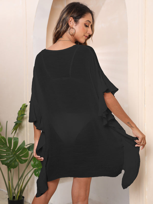Women's Ruffle Solid Color Simple Loose Beach Bikini Cover Up-[Adult]-[Female]-2022 Online Blue Zone Planet