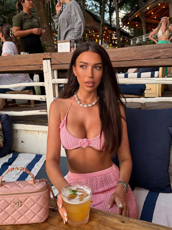 Beach vacation bikini two-piece set flower strappy long skirt hand-crocheted flower set-[Adult]-[Female]-2022 Online Blue Zone Planet