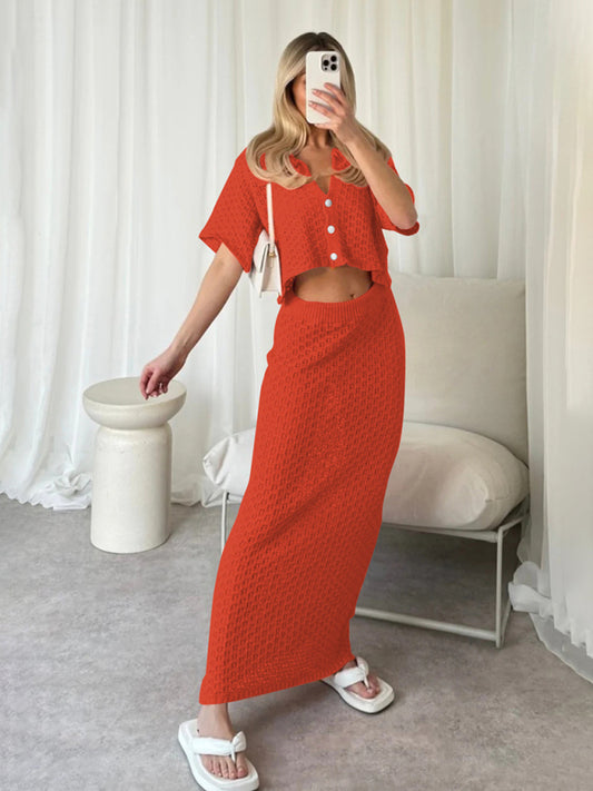 Knitted Crochet Multicolor Cardigan Button Skirt All-match Set Dress-TOPS / DRESSES-[Adult]-[Female]-Red-S-2022 Online Blue Zone Planet