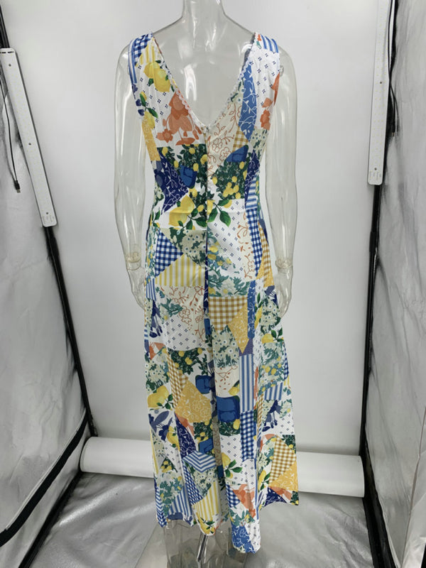 Casual printed women's sleeveless large V-neck swing dress-TOPS / DRESSES-[Adult]-[Female]-2022 Online Blue Zone Planet