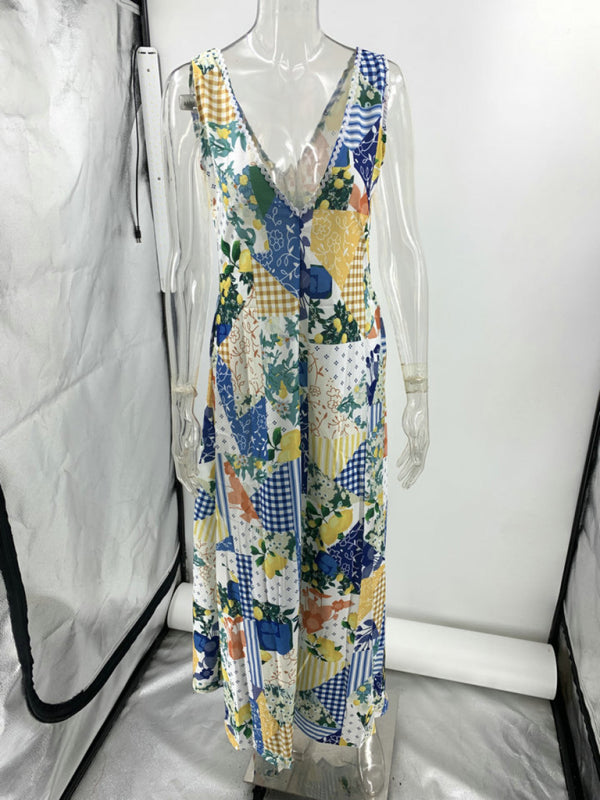 Casual printed women's sleeveless large V-neck swing dress-TOPS / DRESSES-[Adult]-[Female]-2022 Online Blue Zone Planet