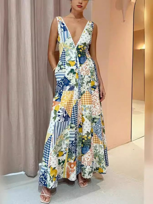 Casual printed women's sleeveless large V-neck swing dress-TOPS / DRESSES-[Adult]-[Female]-Blue-S-2022 Online Blue Zone Planet