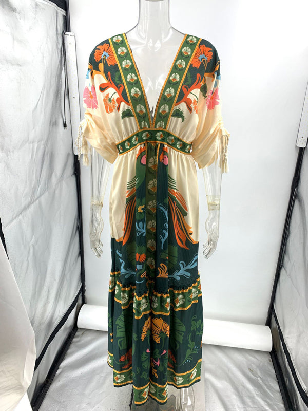 V-neck retro ethnic style positioning print linen dress V-neck retro ethnic style positioning print linen dress