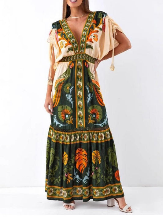 V-neck retro ethnic style positioning print linen dress-TOPS / DRESSES-[Adult]-[Female]-Green-S-2022 Online Blue Zone Planet