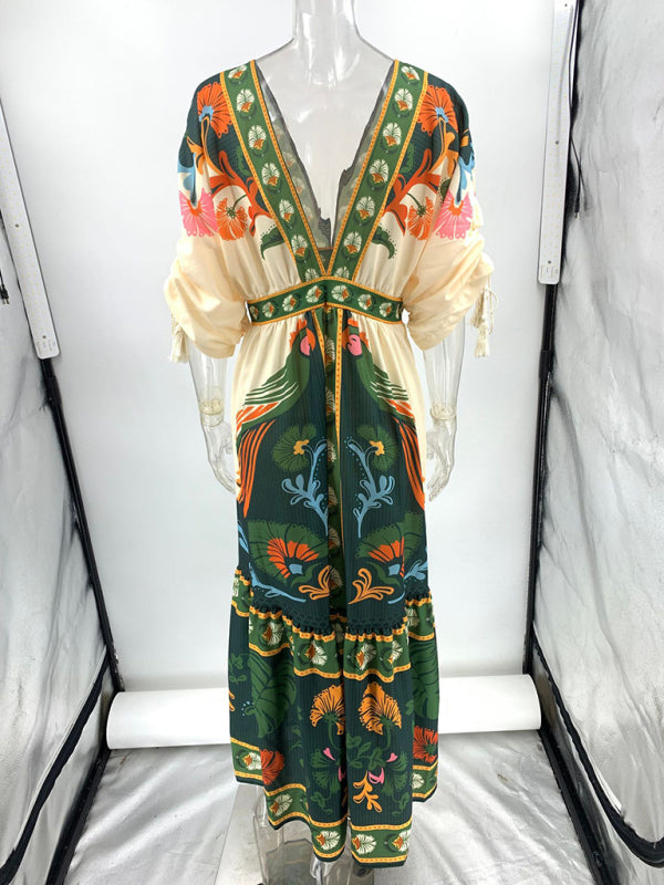 V-neck retro ethnic style positioning print linen dress V-neck retro ethnic style positioning print linen dress