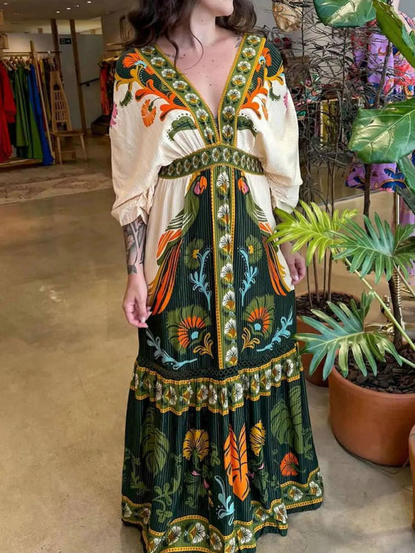V-neck retro ethnic style positioning print linen dress V-neck retro ethnic style positioning print linen dress