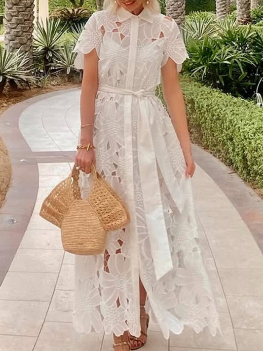 Casual Lace Cardigan Single Breasted Dress-TOPS / DRESSES-[Adult]-[Female]-White-S-2022 Online Blue Zone Planet