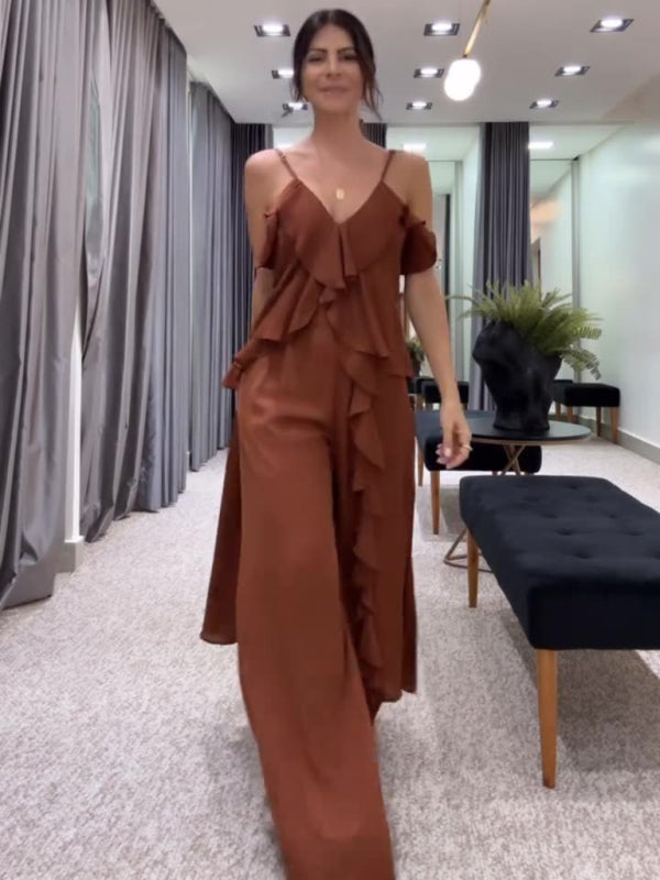 Women's solid color chiffon V-neck suspenders ruffled straight pants two-piece set-[Adult]-[Female]-2022 Online Blue Zone Planet
