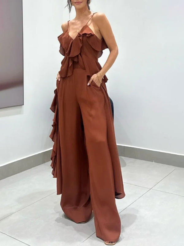 Women's solid color chiffon V-neck suspenders ruffled straight pants two-piece set-[Adult]-[Female]-Dark Brown-S-2022 Online Blue Zone Planet