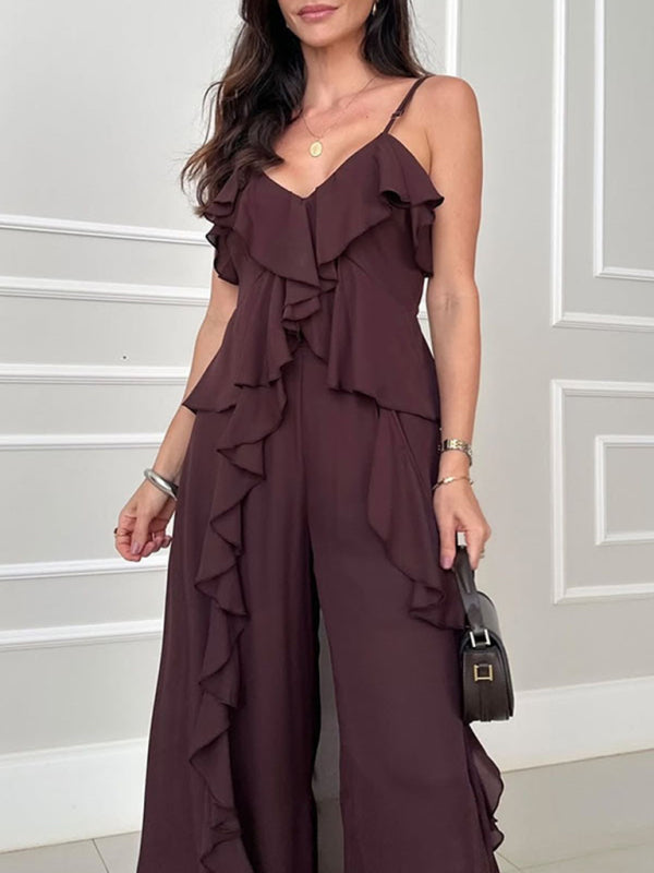 Women's solid color chiffon V-neck suspenders ruffled straight pants two-piece set-[Adult]-[Female]-2022 Online Blue Zone Planet