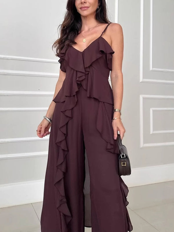 Women's solid color chiffon V-neck suspenders ruffled straight pants two-piece set-[Adult]-[Female]-Dark purple-S-2022 Online Blue Zone Planet