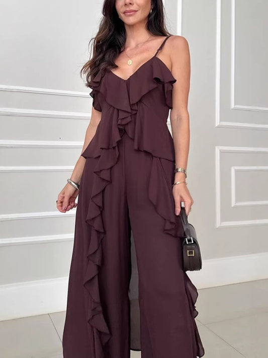Women's solid color chiffon V-neck suspenders ruffled straight pants two-piece set-[Adult]-[Female]-Dark purple-S-2022 Online Blue Zone Planet