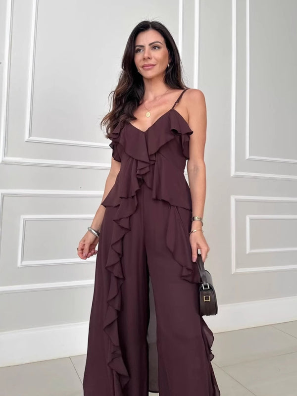 Women's solid color chiffon V-neck suspenders ruffled straight pants two-piece set-[Adult]-[Female]-2022 Online Blue Zone Planet