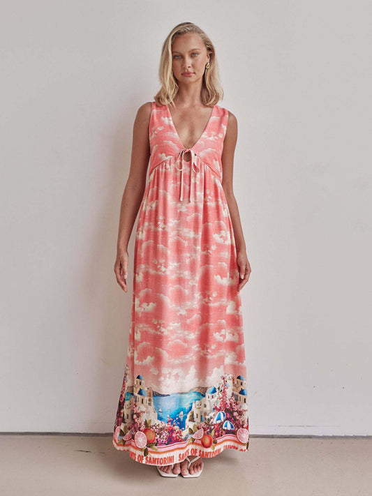 Linen Printed Casual Sleeveless V-Neck Maxi Dress-TOPS / DRESSES-[Adult]-[Female]-Orange Red-S-2022 Online Blue Zone Planet