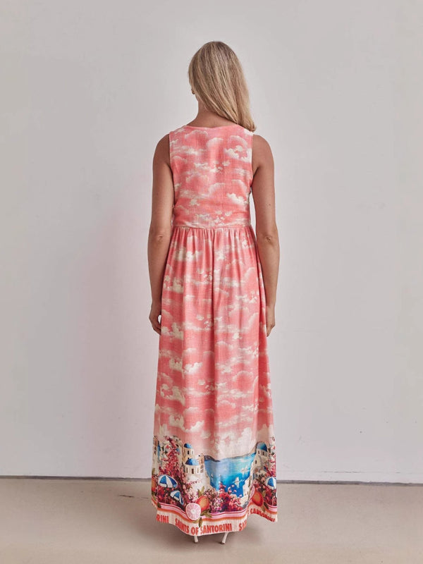 Linen Printed Casual Sleeveless V-Neck Maxi Dress-TOPS / DRESSES-[Adult]-[Female]-2022 Online Blue Zone Planet