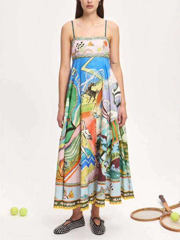 Printed Suspender Sunflower Skirt Holiday Style Dress by Blue Zone Planet