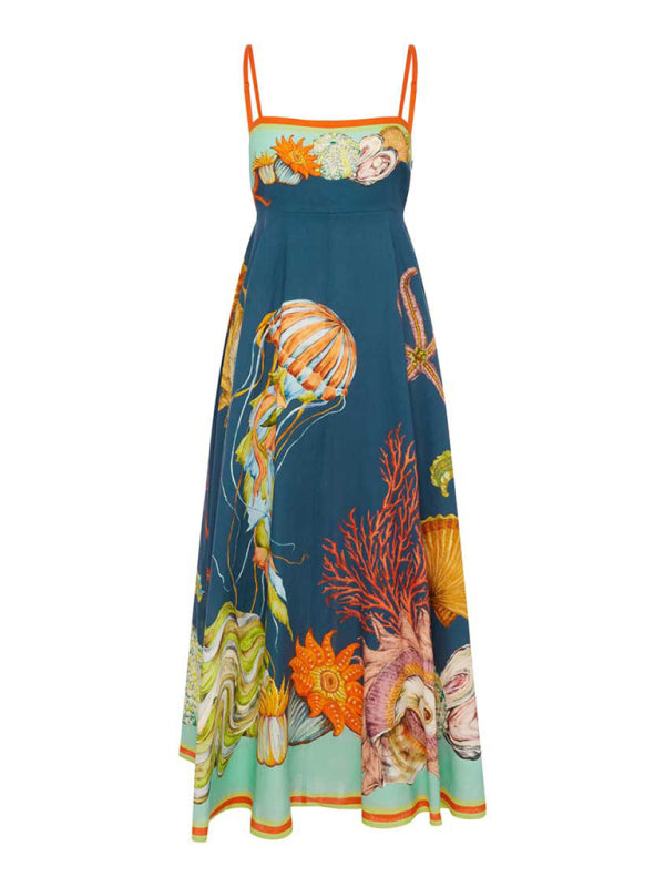New holiday swing graffiti cotton and linen sleeveless suspender dress-TOPS / DRESSES-[Adult]-[Female]-2022 Online Blue Zone Planet