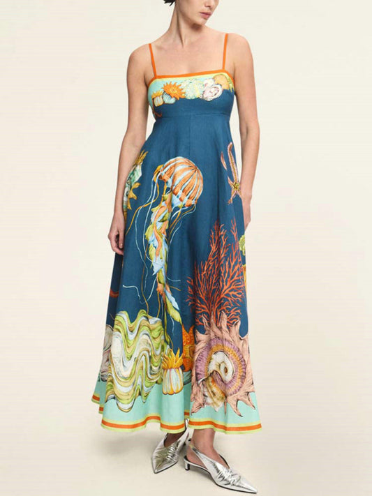 New holiday swing graffiti cotton and linen sleeveless suspender dress