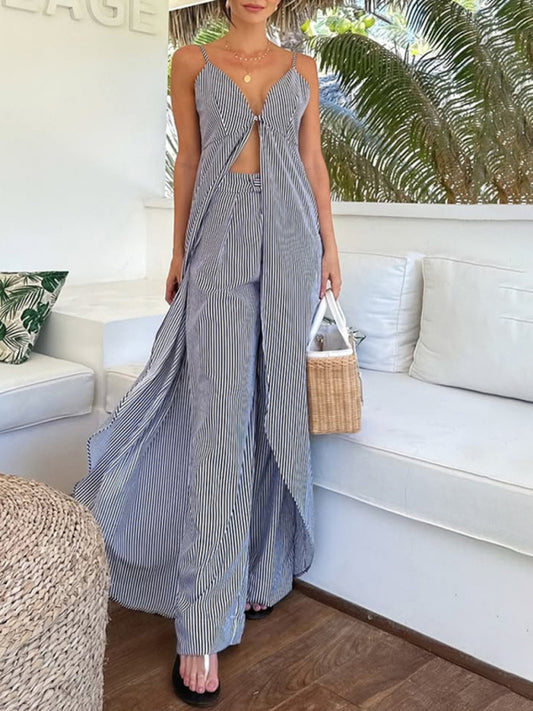 Fashion sleeveless striped camisole top with striped trousers two-piece set-[Adult]-[Female]-Blue-S-2022 Online Blue Zone Planet