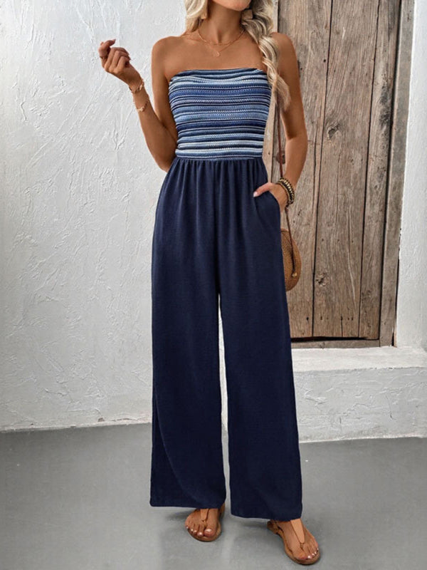 Casual simple jumpsuit elastic stitching striped jumpsuit-[Adult]-[Female]-2022 Online Blue Zone Planet
