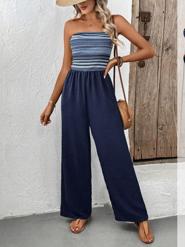 Casual simple jumpsuit elastic stitching striped jumpsuit-[Adult]-[Female]-Champlain color-S-2022 Online Blue Zone Planet