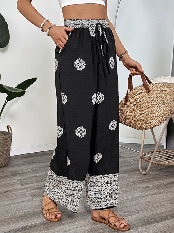 Holiday ethnic style printed straight trousers elastic waist drawstring casual comfortable straight trousers-[Adult]-[Female]-2022 Online Blue Zone Planet